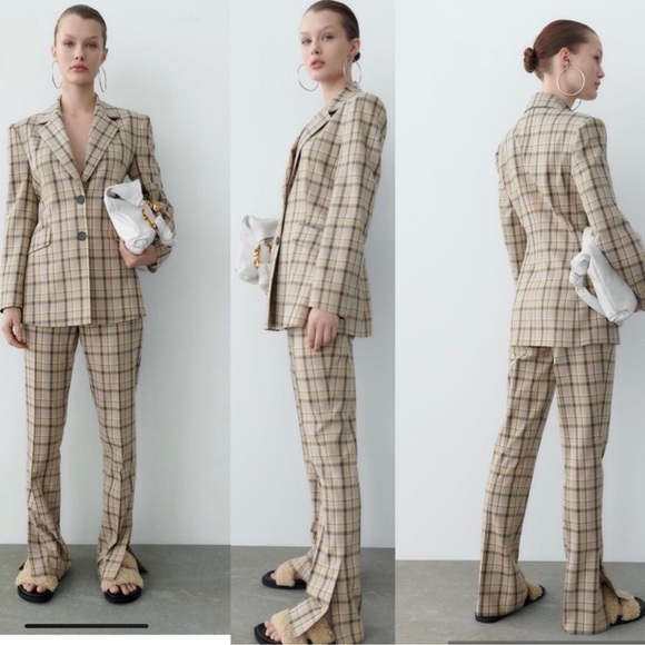 Zara flare pants Checked Plaid Trouser Beige Mid Rise size Xs new - Picture 1 of 10